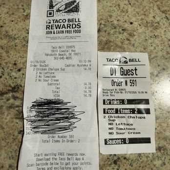 Taco Bell - Overpriced receipt for two items!! - Fast Food Near Me - Rehoboth Beach, Delaware Taco Bell - Overpriced receipt for two items!! - Fast Food Near Me - Rehoboth Beach, Delaware