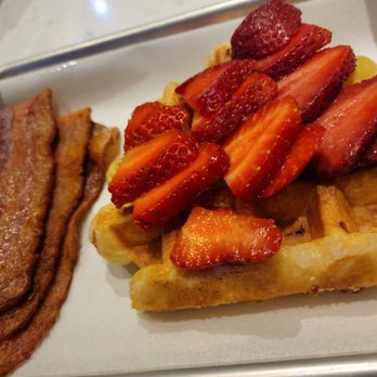 The Liege Waffle - bacon and strawberries on a plate - Waffles Near Me - Nashville, Tennessee The Liege Waffle - bacon and strawberries on a plate - Waffles Near Me - Nashville, Tennessee