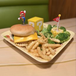 Mario Mini Burger Adventure Set (cheeseburger, truffle french fries, corn on the cob, broccoli and a coin cookie)