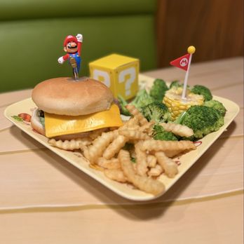 Toadstool Cafe - Mario Mini Burger Adventure Set (cheeseburger, truffle french fries, corn on the cob, broccoli and a coin cookie) - Cafes Near Me - Universal City, California