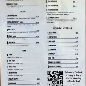 Thunder Road Grill - Back of menu, April 2025 - Burgers Near Me - Winston Salem, North Carolina