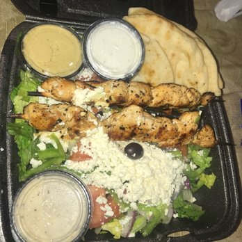 Gyromania Grill - Phenomenal!!! Chicken skewers and salad--- hummus tatziki sauce and pitta - Greek Near Me - Boca Raton, Florida Gyromania Grill - Phenomenal!!! Chicken skewers and salad--- hummus tatziki sauce and pitta - Greek Near Me - Boca Raton, Florida