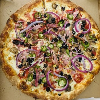 Lou's Wood Fire Pizza - Original Pizza Build Your Own - Medium (12") - ham, black olives, jalapeños, onions, mushrooms - Pizza Near Me - Del Rio, Texas Lou's Wood Fire Pizza - Original Pizza Build Your Own - Medium (12") - ham, black olives, jalapeños, onions, mushrooms - Pizza Near Me - Del Rio, Texas