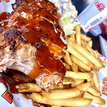 Phil's BBQ - 1/4 pork ribs (supposed to be half rack) still bomb tho! Fries and cole slaw - Barbeque Near Me - Temecula, California