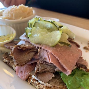 Red Viking Restaurant - Open face roast beef with side of potato salad and sweet relish. - Breakfast & Brunch Near Me - Solvang, California