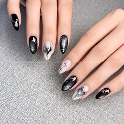 YES Nails & Lashes - black Cateye with Heart shape silver Chrome design.