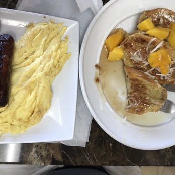 Sweet Desert Cafe - Mango topped French toast, scrambled eggs & sausage - Cafes Near Me - Tempe, Arizona Sweet Desert Cafe - Mango topped French toast, scrambled eggs & sausage - Cafes Near Me - Tempe, Arizona