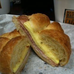 The Bagel Factory - Breakfast croissant: ham, egg with pepper jack.