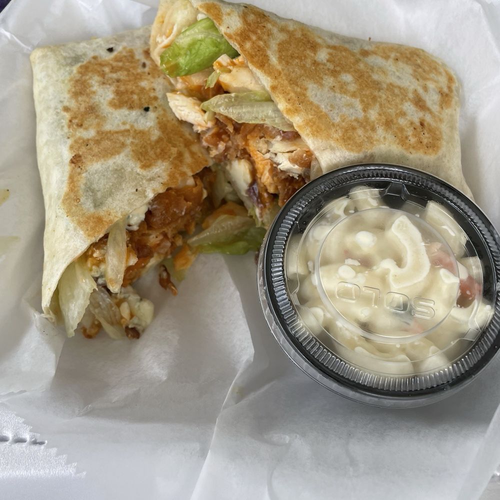 Two Chicks Sandwiches and Scoops - Buffalo chicken wrap with macaroni salad - Ice Cream & Frozen Yogurt Near Me - Belmont, North Carolina Two Chicks Sandwiches and Scoops - Buffalo chicken wrap with macaroni salad - Ice Cream & Frozen Yogurt Near Me - Belmont, North Carolina