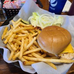 Savanna Marina Cafe - Grilled chicken sandwich and fries ordered with American cheese