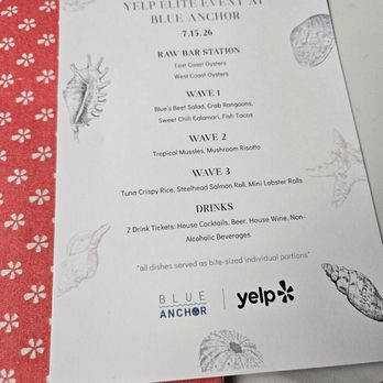 Elite All Star Dinner: Blue Anchor - Menu for the night - Yelp Events Near Me - Jersey City, New Jersey