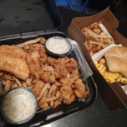 Max's - 1/2 Fish & 1/2 Clam plate and Buff Mac & Cheese Burger (without the "buff") & fries