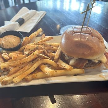 The Tap - Beer Cheese Burger with house fries and parmesan garlic sauce. - Breweries Near Me - Indianapolis, Indiana