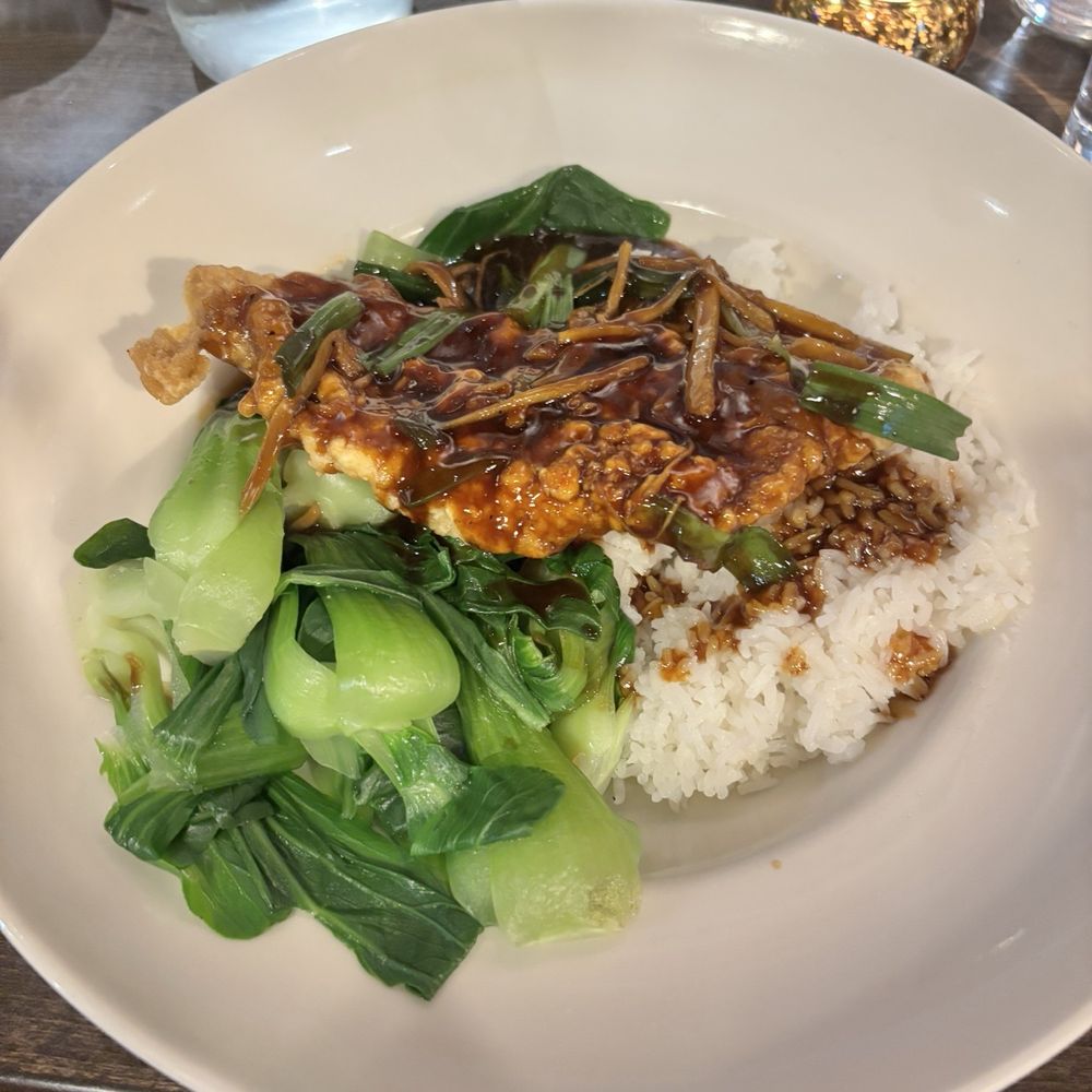 Ginger Fish, stirfry Stir Fried Baby Bok Choy and steamed Jasmine Rice.