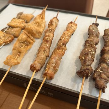 Hearth BBQ - Grilled Pork Belly Skewer(2) Signature Beef Skewer(2) Grilled Chicken Skin(1) Grilled King Oyster Mushroom(1) - Barbeque Near Me - San Jose, California