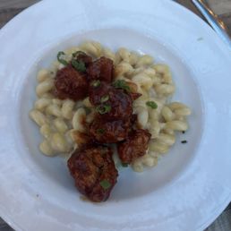 Half of the barbecue chicken and macaroni