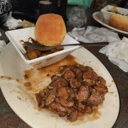 Saw Meal - Beef Tips with gravy and grilled onions and mushrooms, wild rice, fried okra.