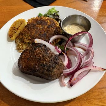 The Wilson Cafe - steak filet with sautéed onions and a crab cake - Salad Near Me - Wilson, Arkansas
