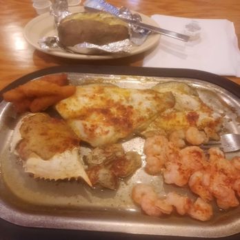 Captain George Seafood - Flounder, oysters, shrimp, and devil crab broil. I enjoyed this! - Seafood Near Me - Rockingham, North Carolina Captain George Seafood - Flounder, oysters, shrimp, and devil crab broil. I enjoyed this! - Seafood Near Me - Rockingham, North Carolina