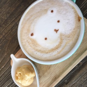 Cafe Maji - White mocappucino with the cute little bear and my free Cream puff - Coffee & Tea Near Me - Artesia, California