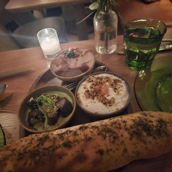 Acadia - 3 Mezze $31 served with flatbread. Eggplant Confit, Chicken Liver Mousse, Labneh. All tasty - Mediterranean Near Me - New York, New York Acadia - 3 Mezze $31 served with flatbread. Eggplant Confit, Chicken Liver Mousse, Labneh. All tasty - Mediterranean Near Me - New York, New York
