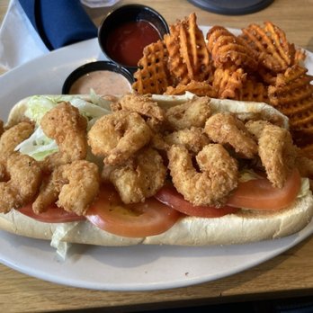 Blue 32 Sports Grill - Po' Shrimp PoBoy with Sweet Potato Fries - New American Near Me - Gilbert, Arizona Blue 32 Sports Grill - Po' Shrimp PoBoy with Sweet Potato Fries - New American Near Me - Gilbert, Arizona