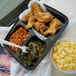 Soul Baby Cafe - Chicken wing platter with baked beans, collard greens and mac and cheese