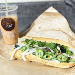 Hangout Sandwiches, Bakery, Milk Tea and Coffee - Thai Tea and Chicken Teriyaki Bánh mì sandwhich.