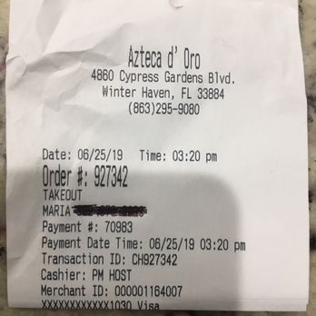 Azteca D' Oro Mexican Restaurant Winter Haven - Receipt from today's order - Mexican Near Me - Winter Haven, Florida