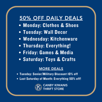 Canby Kiwanis Thrift Store - Daily deals available at Canby Kiwanis Thrift Store - Used, Vintage & Consignment Near Me - Canby, Oregon Canby Kiwanis Thrift Store - Daily deals available at Canby Kiwanis Thrift Store - Used, Vintage & Consignment Near Me - Canby, Oregon