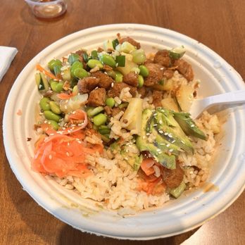 Poke Stop - Build your own Build A Bowl with 2 Proteins (Vegan fried chicken x2) edamame, brown rice, ginger, cucumbers, fried onions) - Hawaiian Near Me - flowood, Mississippi