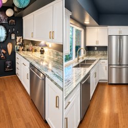 Pacific Kitchens Inc - White Thermofoil Cabinet Refacing with "Bluegrass" Quartzite countertops.