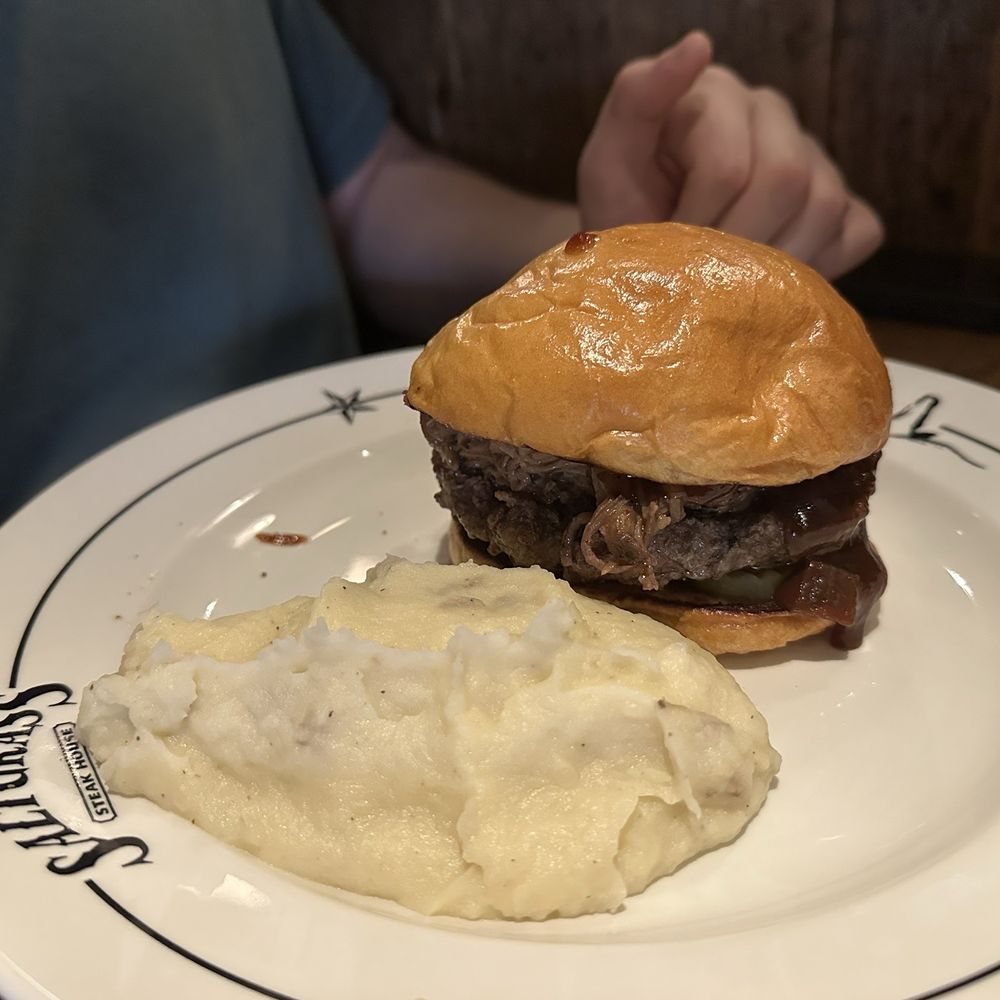 Saltgrass Steak House - Brisket Burger with side of mashed potatoes - Steakhouses Near Me - Houston, Texas Saltgrass Steak House - Brisket Burger with side of mashed potatoes - Steakhouses Near Me - Houston, Texas