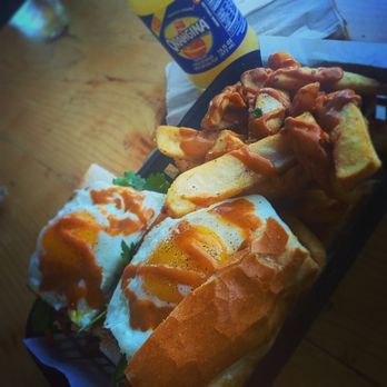 Blurr Kitchen - bbq pork banh mi with eggs, garlic fries and habanero sauce. also that orange soda that im pretty sure im mispronouncing. - Asian Fusion Near Me - Santa Clara, California