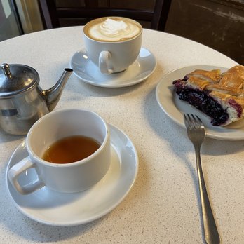 Cafe Creme - Breve(in the back), black tea, pie slice - Coffee & Tea Near Me - Bath, Maine