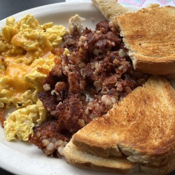 The Coffee Cup - Scrambled eggs with cheese & corned beef hash & sourdough toast - Coffee & Tea Near Me - Dansville, New York