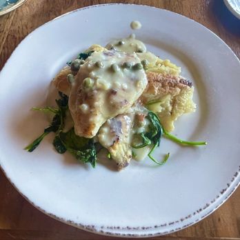 Bluewater Grill - Temecula - Sand Dabs with lemon caper Beurre blanc sauce with spinach and scalloped potatoes. - Seafood Near Me - Temecula, California