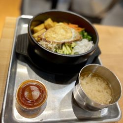 Bibimbowl - Hot stone bibimbap with tofu and gochujang, side of miso soup.