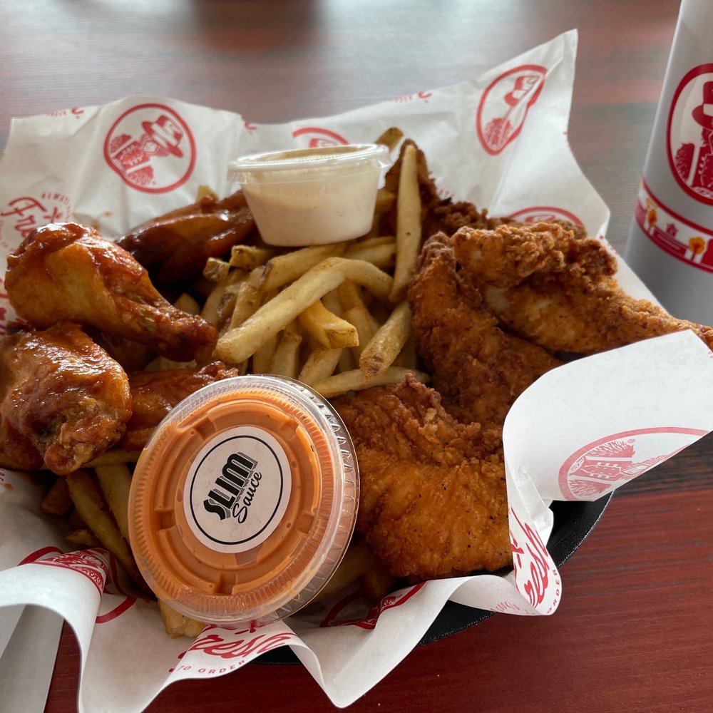 5 wings and 5 strips and Fries, signature drink cup with fresh tee flavored tea and tea is goo. 5 wings and 5 strips and Fries, signature drink cup with fresh tee flavored tea and tea is goo.