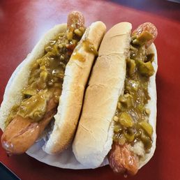 2 with spicy brown mustard and the legendary relish.