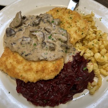 Die Bierstube Restaurant - Schnitzel with mushroom gravy, cabbage with apples and spaetzle - Cocktail Bars Near Me - Brea, California Die Bierstube Restaurant - Schnitzel with mushroom gravy, cabbage with apples and spaetzle - Cocktail Bars Near Me - Brea, California
