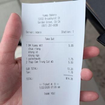 Yummy Bakery - Receipt as of July 2026. - Bakeries Near Me - Garden Grove, California Yummy Bakery - Receipt as of July 2026. - Bakeries Near Me - Garden Grove, California