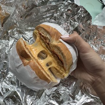 Rollin Bagels - Breakfast Sammie: sausage egg and cheese on a plain bagel - Bagels Near Me - Long Island City, New York Rollin Bagels - Breakfast Sammie: sausage egg and cheese on a plain bagel - Bagels Near Me - Long Island City, New York