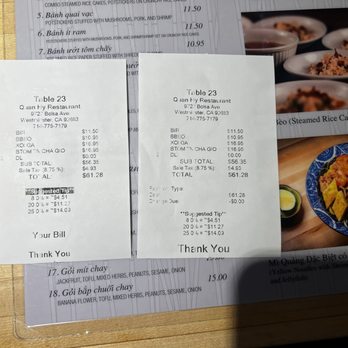 Quan Hy Restaurant - bill - Vietnamese Near Me - Westminster, California