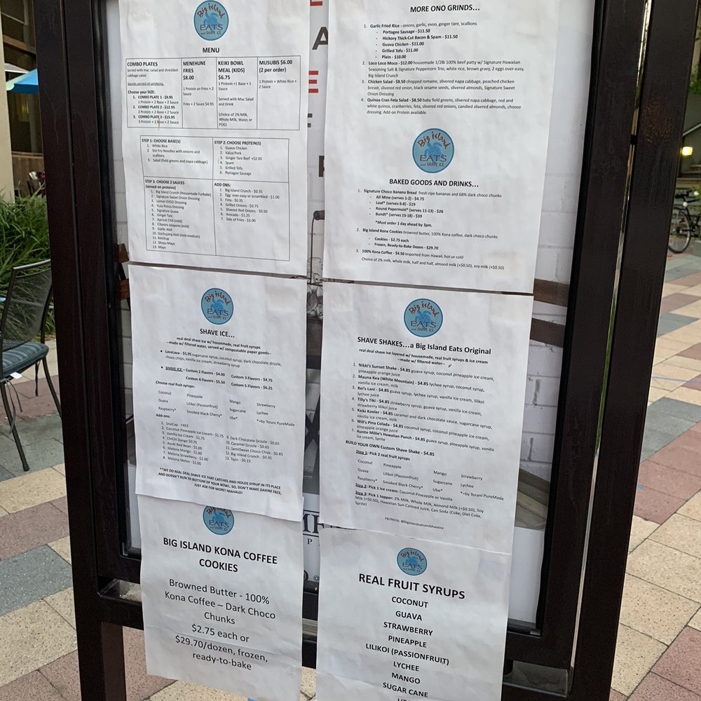 Big Island Eats and Shave Ice - Menu - Oct 2020 - Shaved Ice Near Me - Rolling Hills Estates, California