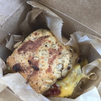 The Biscuit Bar - Egg, bacon and cheese on French toast biscuit - Breakfast & Brunch Near Me - Plano, Texas