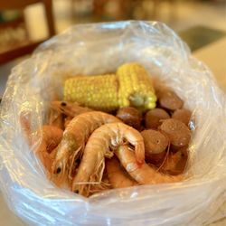 SJ Crawfish - Jumbo Shrimp ($16.99/lb), Corn ($1.49 each), Sausage (5 pc-$3.49 x2) - House Special Sauce