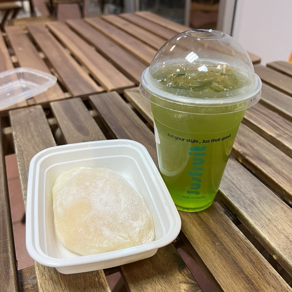 Mango daifuku mochi and green passion fruit tea Mango daifuku mochi and green passion fruit tea