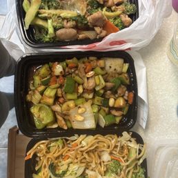 Veggie chow mein, kung pow chicken and Chicken with veggies
