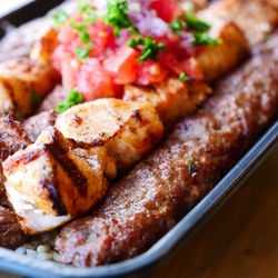 Skewers Mediterranean Gourmet Grill - Mixed platter with an added chicken skewer